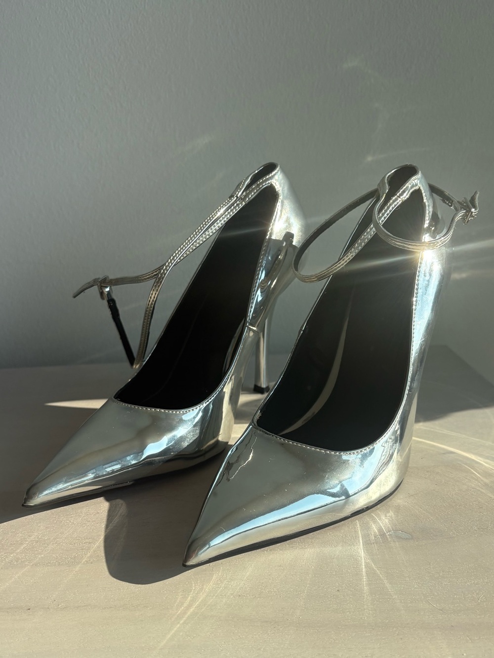 Women's Silver Pointed Toe Ankle-Strap Pumps